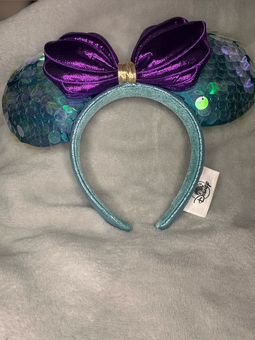 Disney little mermaid teal Sequin Ear Headband with Shiny Purple Bow